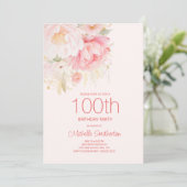 ソフトピンクの花 100歳の誕生日 招待状 (スタンド正面)