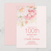 ソフトピンクの花 100歳の誕生日 招待状 (正面/裏面)
