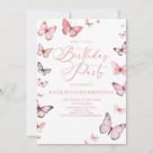 ソフトピンクの蝶の誕生日パーティー 招待状 (正面)