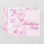 ソフトピンクの蝶の誕生日招待状 招待状 (正面/裏面)