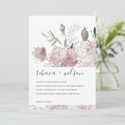 ソフトピンクの赤面水カラーフローラ結婚式の招待 サンキューカード (スタンド正面)