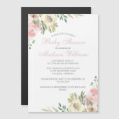 ソフトピンクアイボリーフローラエレガントガールベビーシャワー マグネット招待状 (正面/裏面)