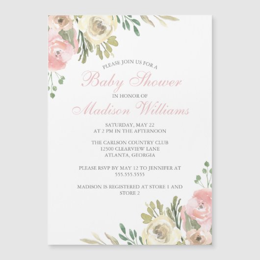ソフトピンクアイボリーフローラエレガントガールベビーシャワー マグネット招待状 (正面)