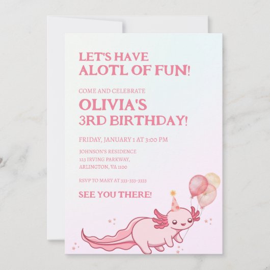 ソフトピンクアクソロトルテーマおもしろい子供の誕生日 招待状 (正面)