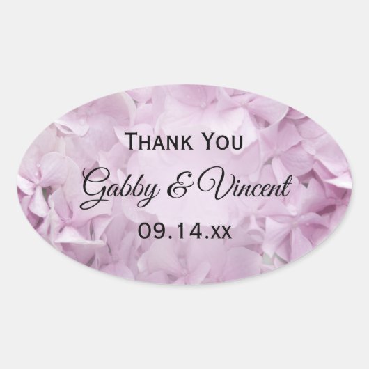 ソフトピンクアジサイ結婚ズサンキューメッセージカード 楕円形シール (正面)