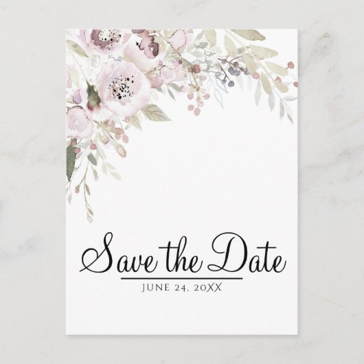 ソフトピンクウォーターエレガントカラーフローラ日付の保存 案内ポストカード (正面)