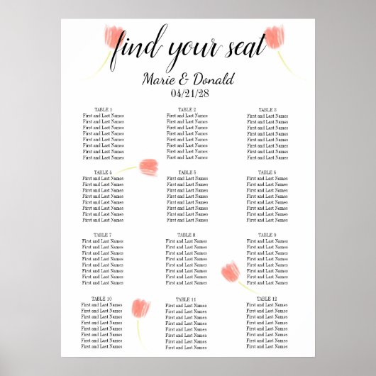 ソフトピンクエレガントチューリップのシーティングチャート ポスター (正面)