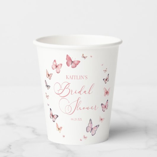 ソフトピンクエレガントバタフライブライダルシャワー 紙コップ (正面)