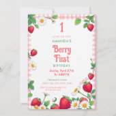 ソフトピンクギンガムストロベリーガールの1歳の誕生日 招待状 (正面)