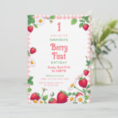 ソフトピンクギンガムストロベリーガールの1歳の誕生日 招待状 (スタンド正面)