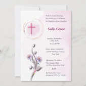 ソフトピンククロス&フローラガールバプティスインビタット 招待状 (正面)