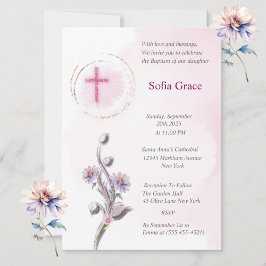 ソフトピンククロス&フローラガールバプティスインビタット 招待状