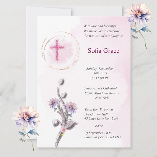 ソフトピンククロス&フローラガールバプティスインビタット 招待状