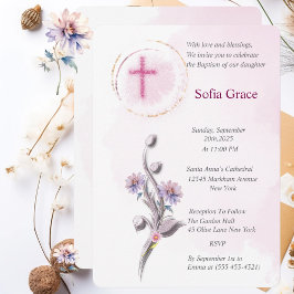 ソフトピンククロス&フローラガールバプティスインビタット 招待状
