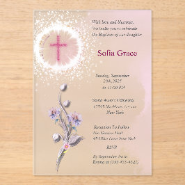 ソフトピンククロス&フローラガールバプティスインビタットInv アクリル招待状