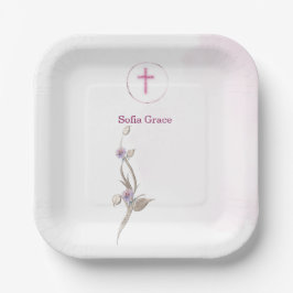 ソフトピンククロス&フローラガールバプテスマ紙プラット ペーパープレート