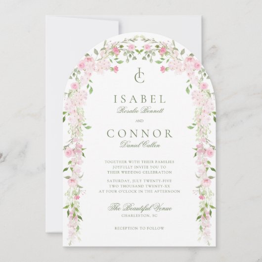 ソフトピンクグリーンフローラ結婚アーチ 招待状 (正面)