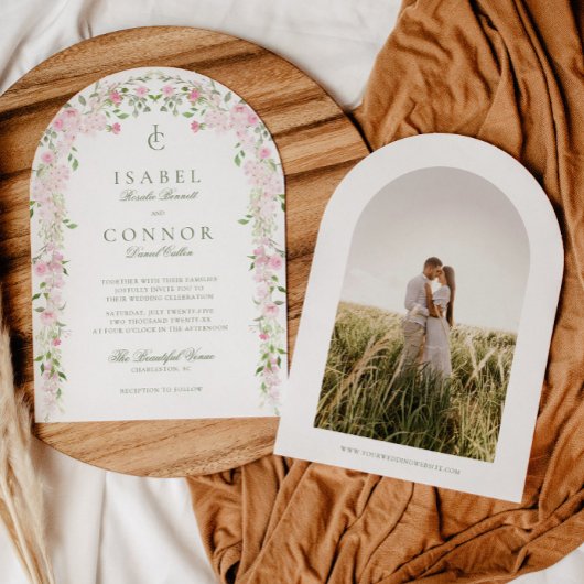 ソフトピンクグリーンフローラ結婚アーチ 招待状