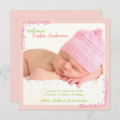 ソフトピンクスワールベビーガールフォト誕生 案内状 (正面/裏面)