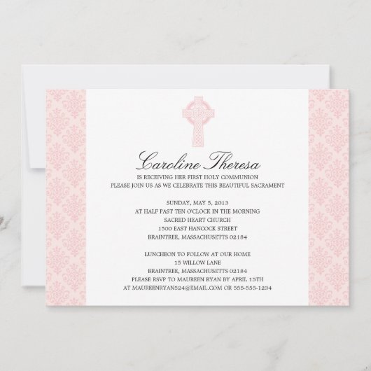 ソフトピンクダマスクセルティッククロスファースト聖体 招待状 (正面)