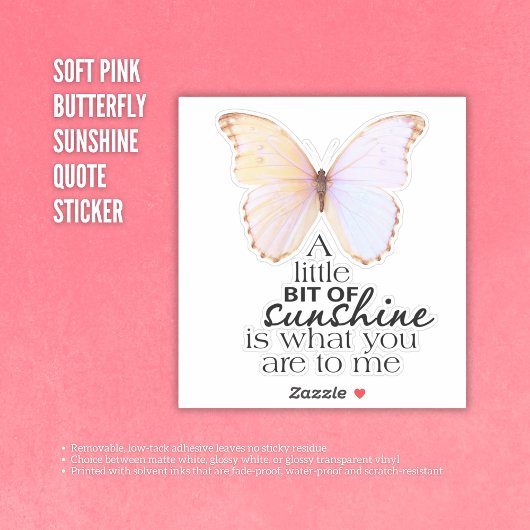 ソフトピンクバタフライサンシャイン引用文ステッカー シール