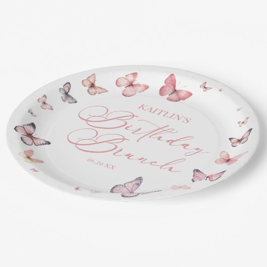 ソフトピンクバタフライ誕生日ブランチパーティー ペーパープレート (アングル)