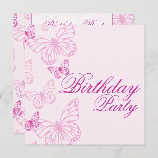 ソフトピンクバタフライ誕生日招待状 招待状 (正面/裏面)