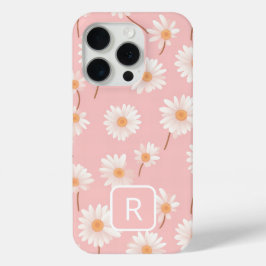 ソフトピンクパーソナライズされたのイニシャルデイジーパターン iPhone 15 PROケース