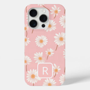 ソフトピンクパーソナライズされたのイニシャルデイジーパターン iPhone 15 PROケース