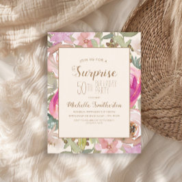 ソフトピンクパープルフローラサプライズ50誕生日 招待状