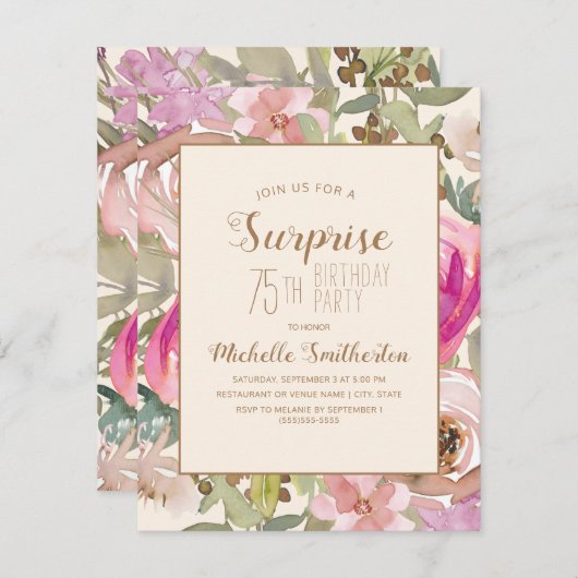 ソフトピンクパープルフローラサプライズ75誕生日 招待状 (正面/裏面)
