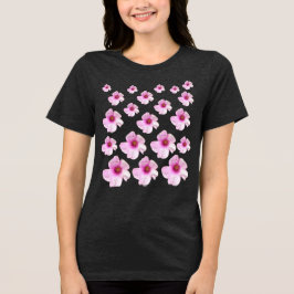 ソフトピンクフラワーパターンチャコールフラワープリントTシャツ トライブレンドTシャツ