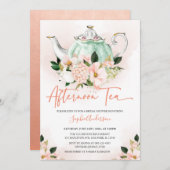 ソフトピンクフローラアフターヌンティーパーティーブライダルシャワー 招待状 (正面/裏面)
