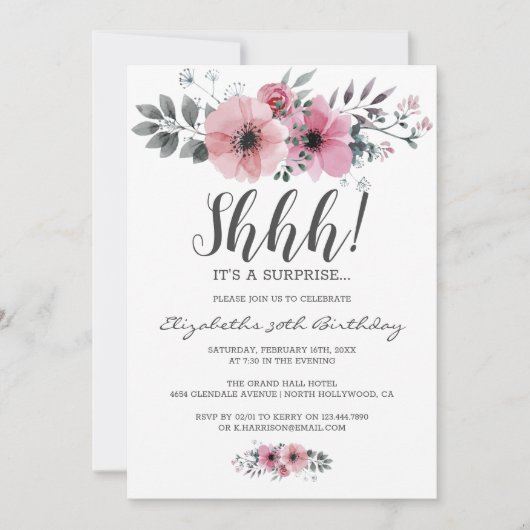 ソフトピンクフローラウォーターカラーシャサプライズ誕生日 招待状 (正面)