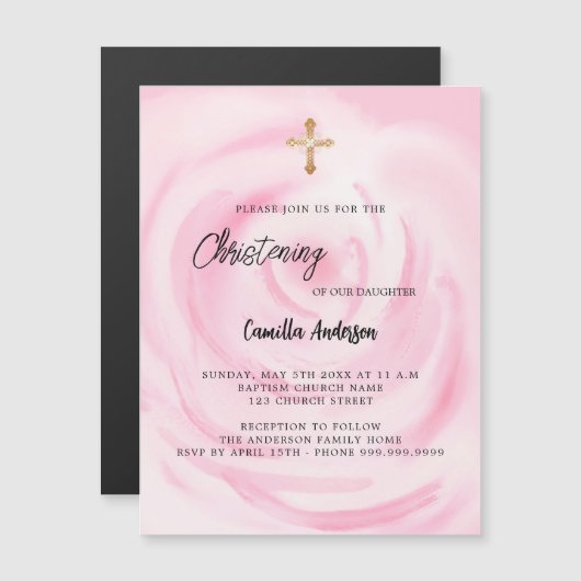 ソフトピンクフローラガールラグジュアリー《キリスト教》洗礼式や命名式 マグネット招待状 (正面/裏面)