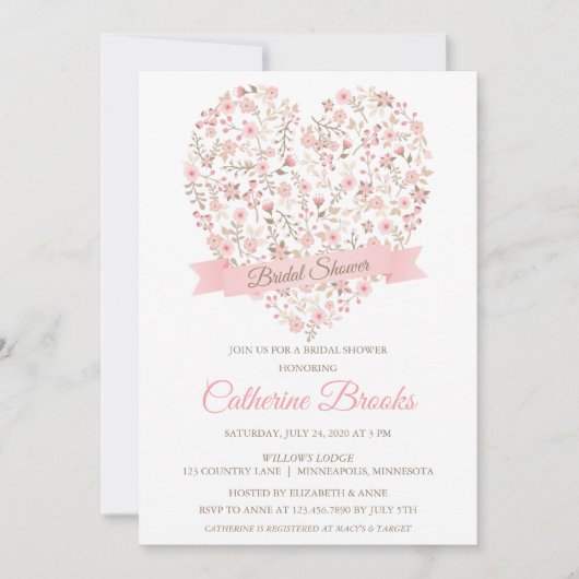 ソフトピンクフローラハートブライダルシャワー招待 招待状 (正面)