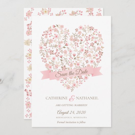 ソフトピンクフローラハート保存日 招待状 (正面/裏面)