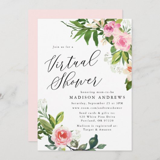 ソフトピンクフローラバーチャルベビーシャワー 招待状 (正面/裏面)