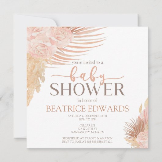 ソフトピンクフローラベビーシャワー招待状 招待状 (正面)