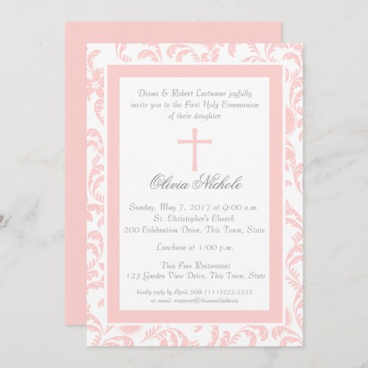 ソフトピンクフローラペイズリー第1聖餐式 招待状 (正面/裏面)