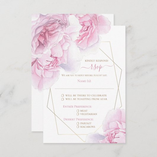 ソフトピンクフローラ水色牡丹ウェディングRSVP 出欠カード (正面/裏面)