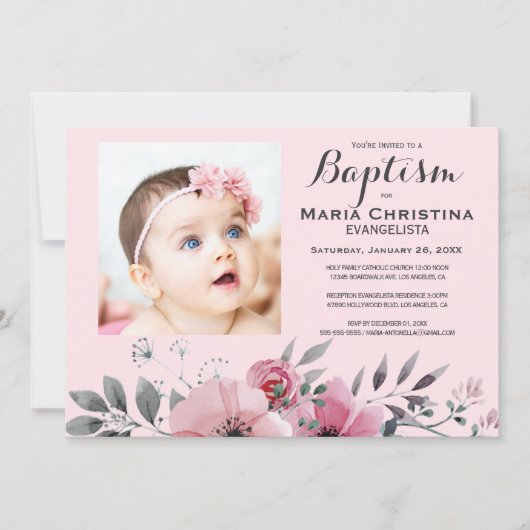 ソフトピンクフローラ洗礼エレガント 招待状 (正面)