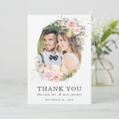 ソフトピンクフローラ緑の幾何結婚写真 サンキューカード (スタンド正面)