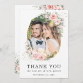 ソフトピンクフローラ緑の幾何結婚写真 サンキューカード (正面/裏面)