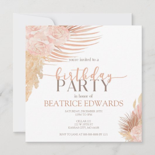 ソフトピンクフローラ誕生日パーティーの招待 招待状 (正面)