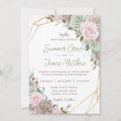 ソフトピンクブラウンセージグリーンフローラ結婚金ゴールド 招待状 (正面)