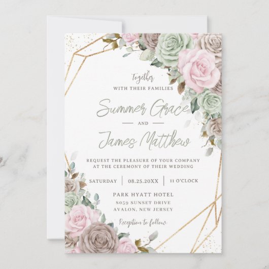 ソフトピンクブラウンセージグリーンフローラ結婚金ゴールド 招待状 (正面)