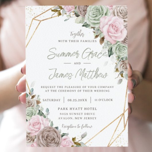 ソフトピンクブラウンセージグリーンフローラ結婚金ゴールド 招待状