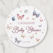 ソフトピンクブルーバタフライベビーシャワーメッセージカード フェイバータグ (正面)