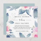 ソフトピンクブルーフローラ水彩ブライダルシャワー 招待状 (正面/裏面)